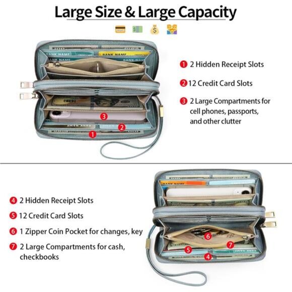 Clutch RFID Blocking Leather Wristlet Purse Large Capacity Credit Card Holder - Picture 3 of 7